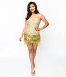 Load image into Gallery viewer, 1920s Beige Sequin &amp; Gold Tinsel Fringe Mini Dress